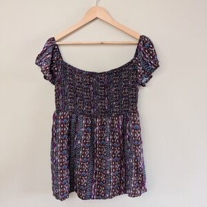 love, fire Smocked Peasant Top Womens XL Boho Off Shoulder Puff Sleeve